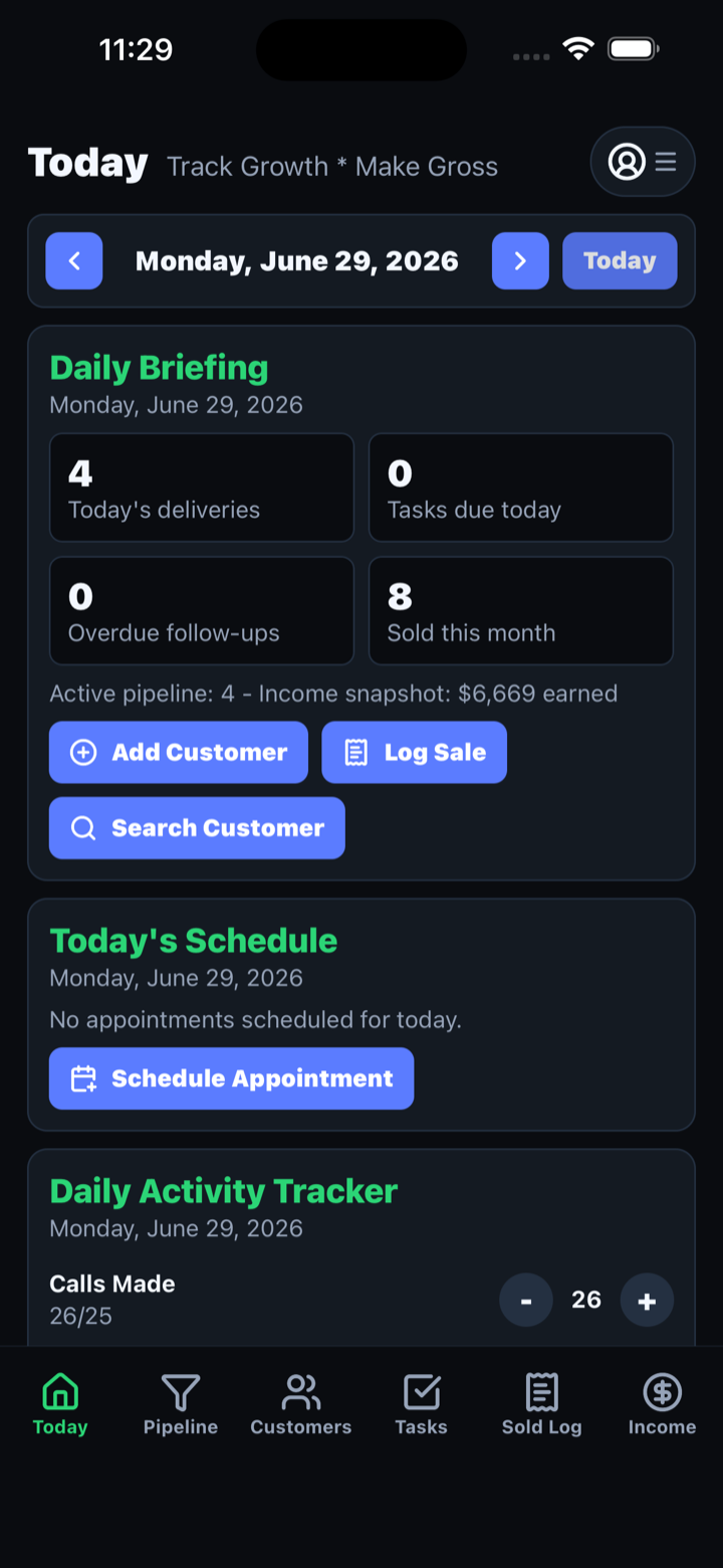 DealBuddy app dashboard showing daily activity, goal progress, and navigation