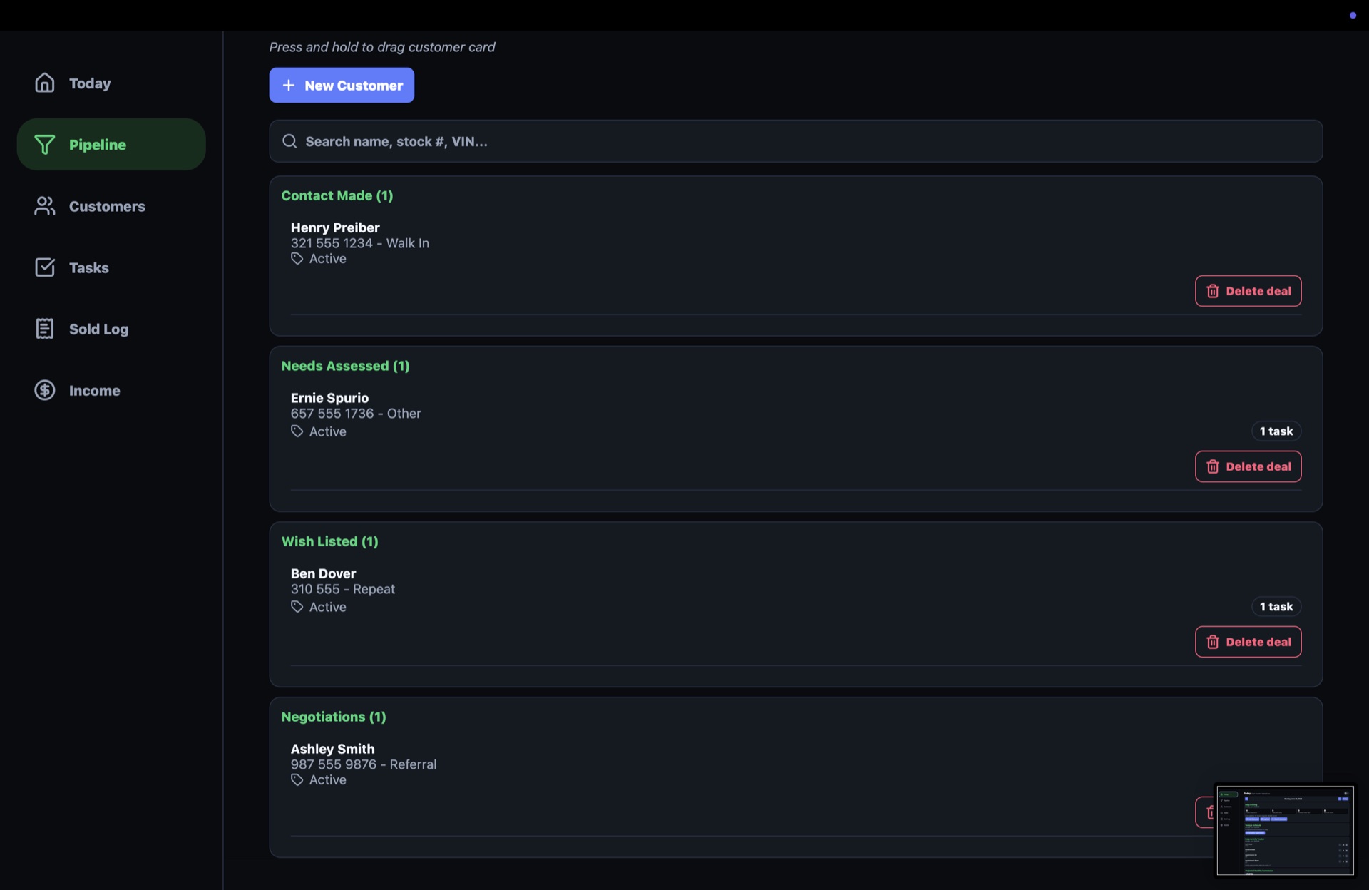 DealBuddy desktop Pipeline screen with customer cards grouped by sales stage