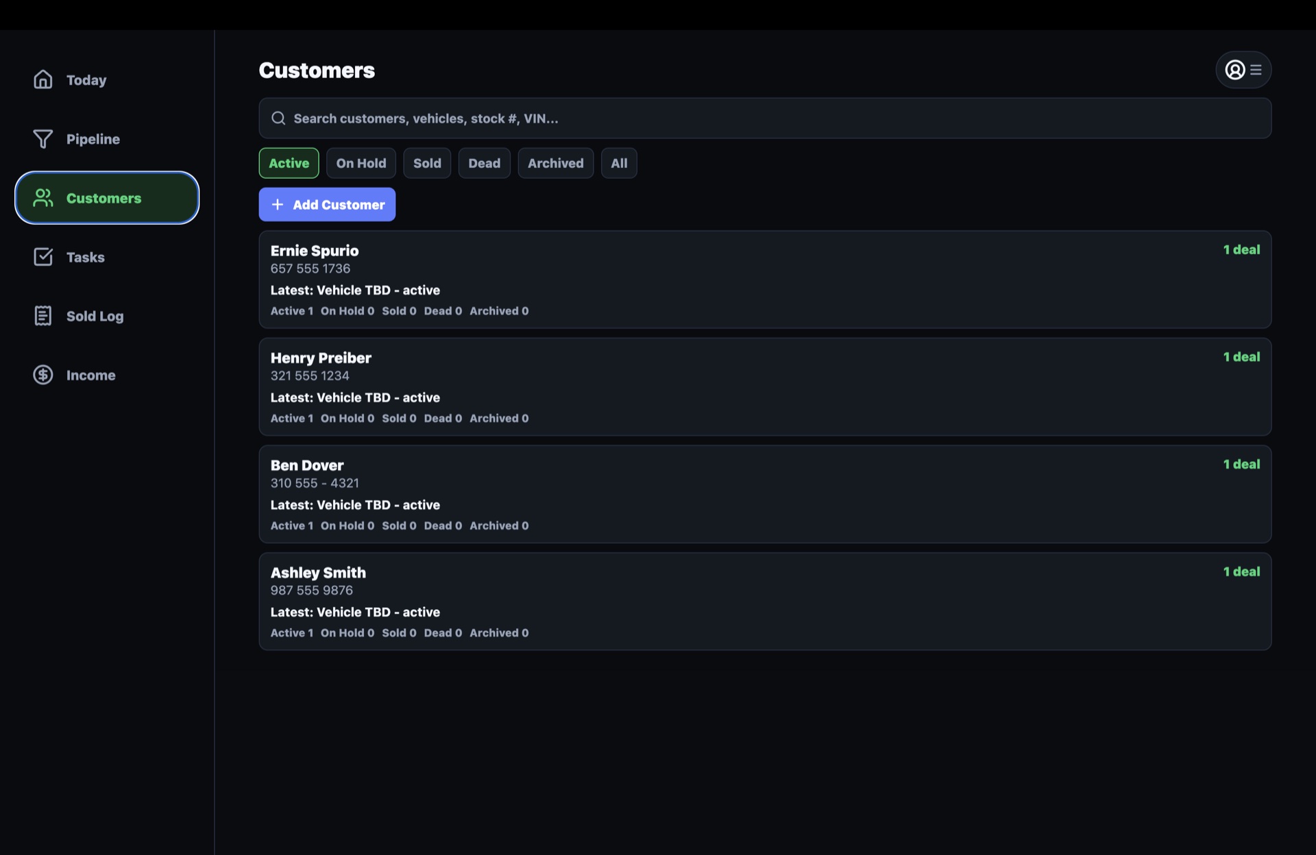 DealBuddy desktop Customers screen with search, status filters, and customer profile rows