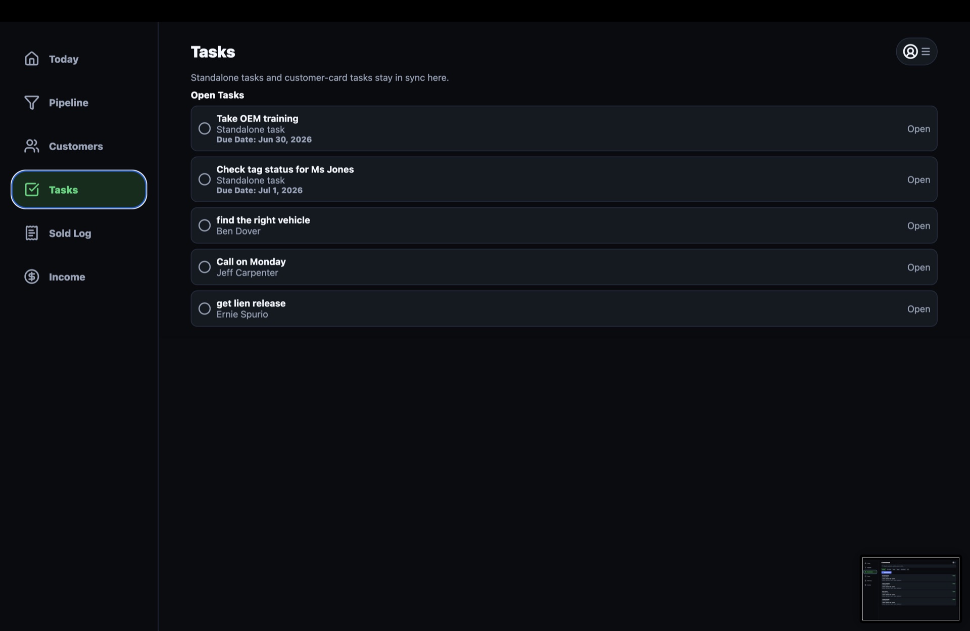 DealBuddy desktop Tasks screen showing open tasks and due dates