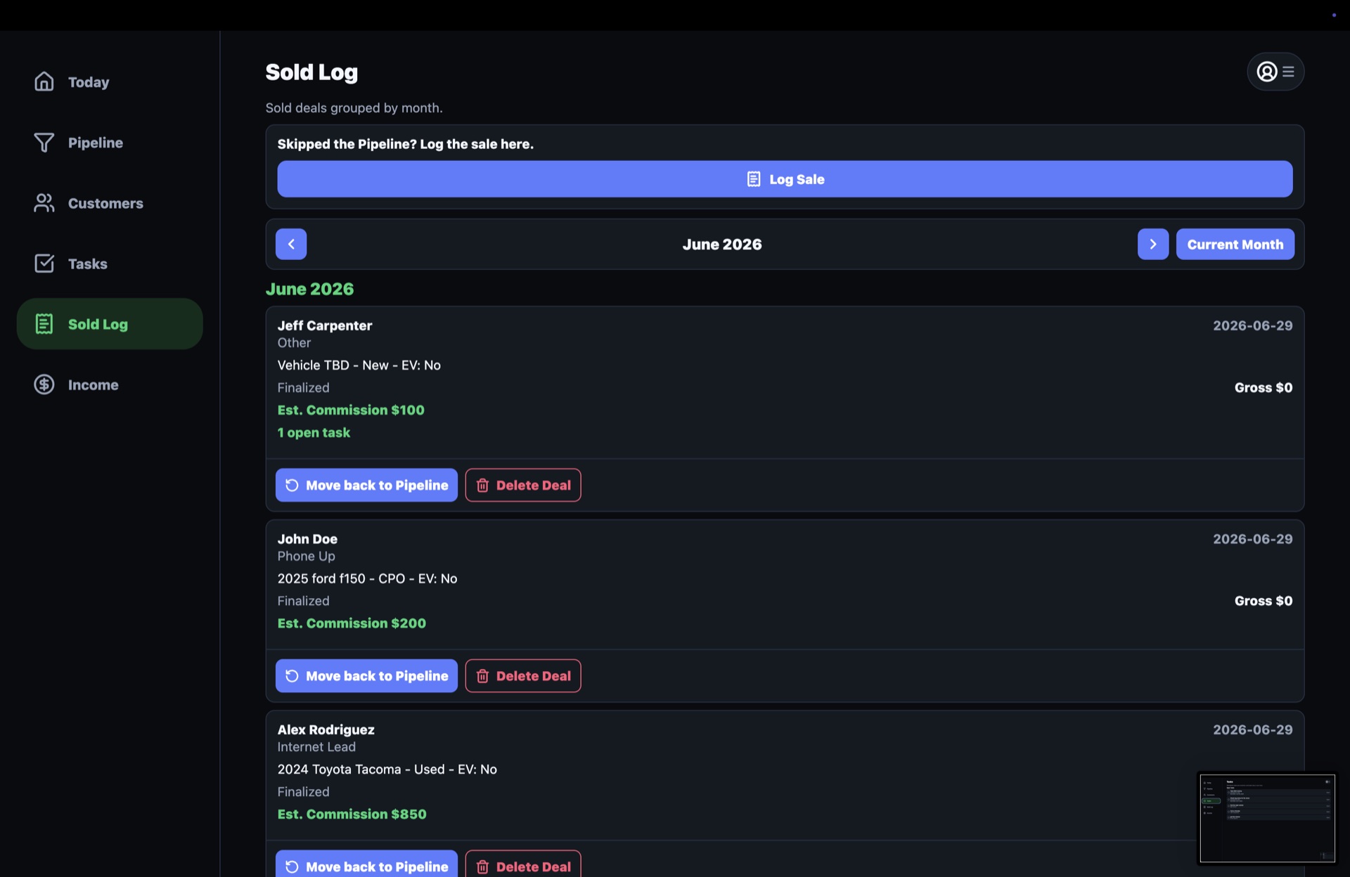 DealBuddy desktop Sold Log screen showing sold deals, estimated commission, move back, and delete actions