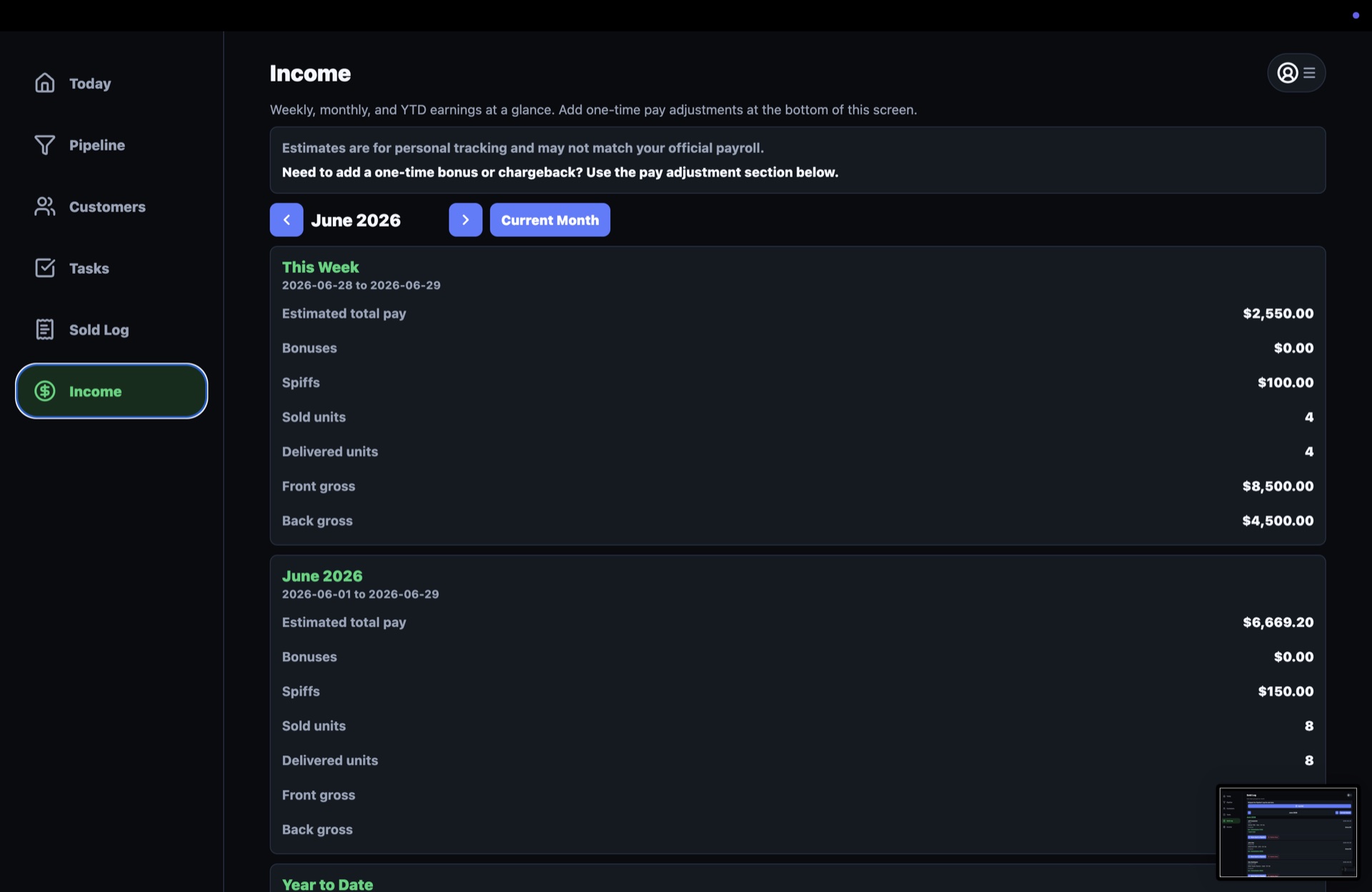DealBuddy desktop Income screen with weekly and monthly estimated pay summaries